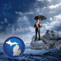 mi map icon and a business insurance concept photo